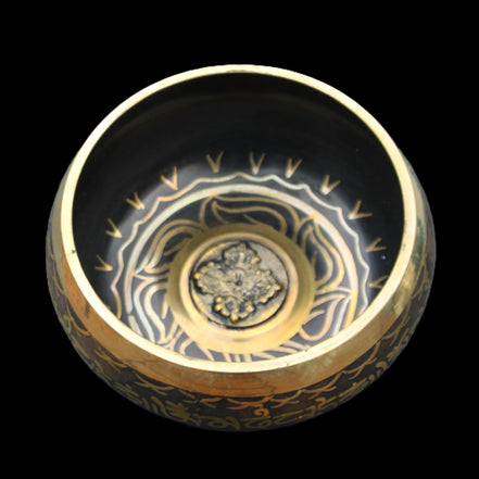 Brass Black Singing Bowl 150*80mm with wooden mallet in sunlight - Rocks and Things Store