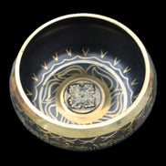 Brass Black Singing Bowl 150*80mm with wooden mallet in sunlight - Rocks and Things Store