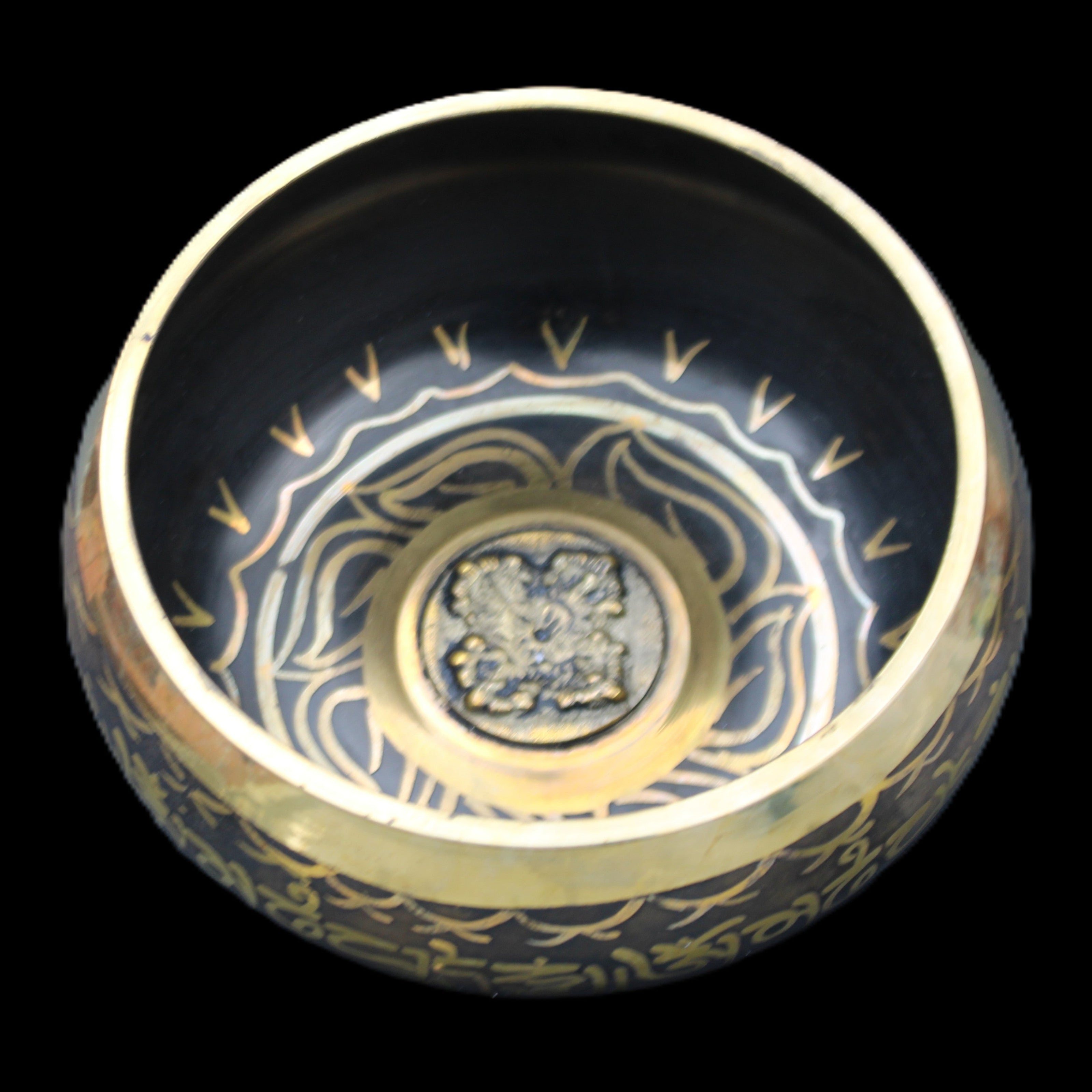 Brass Black Singing Bowl 150*80mm with wooden mallet in sunlight - Rocks and Things Store