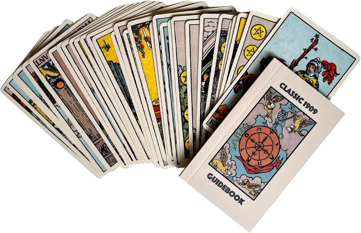 Classic 1909 Tarot Deck with 88 Page Guide in sunlight - Rocks and Things Store