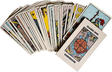 Classic 1909 Tarot Deck with 88 Page Guide in sunlight - Rocks and Things Store