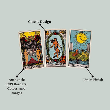 Classic 1909 Tarot Deck with 88 Page Guide in sunlight - Rocks and Things Store