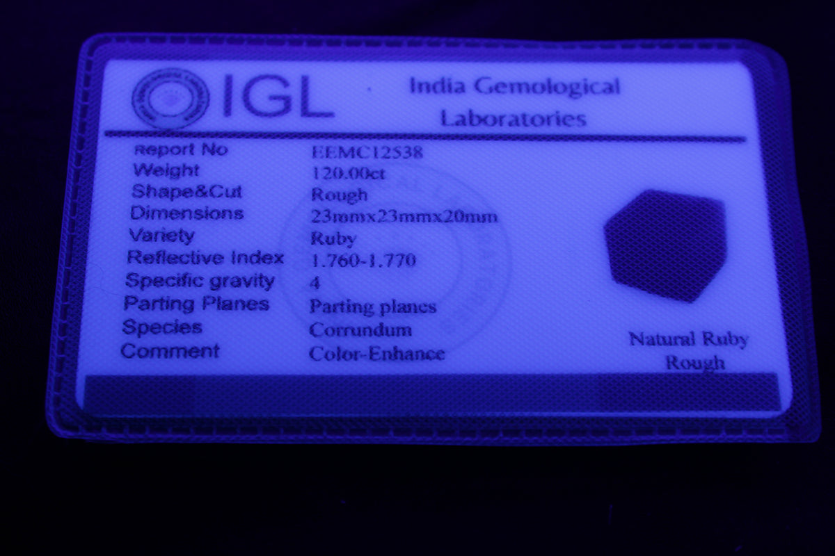 Ruby cube from Mynamar (dyed) 26*25mm 120ct 24g in UV light - Rocks and Things Store
