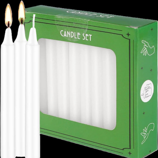 40 Mini White Chime Spell Candles 10.2cm unscented tapers by Velumina in sunlight - Rocks and Things Store