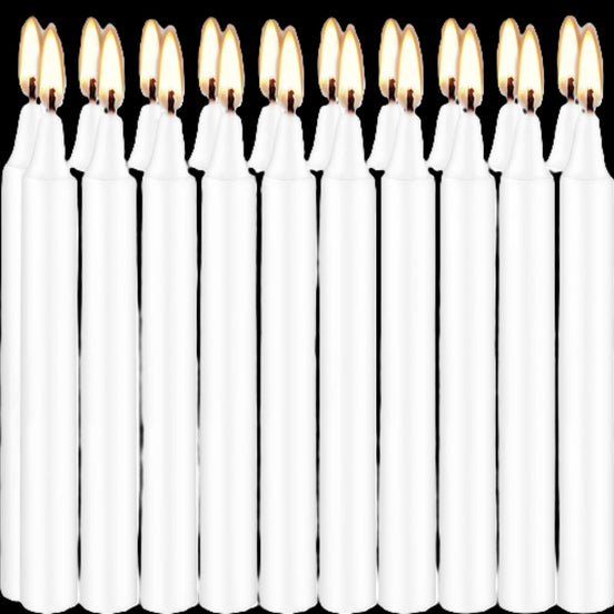 40 Mini White Chime Spell Candles 10.2cm unscented tapers by Velumina in sunlight - Rocks and Things Store