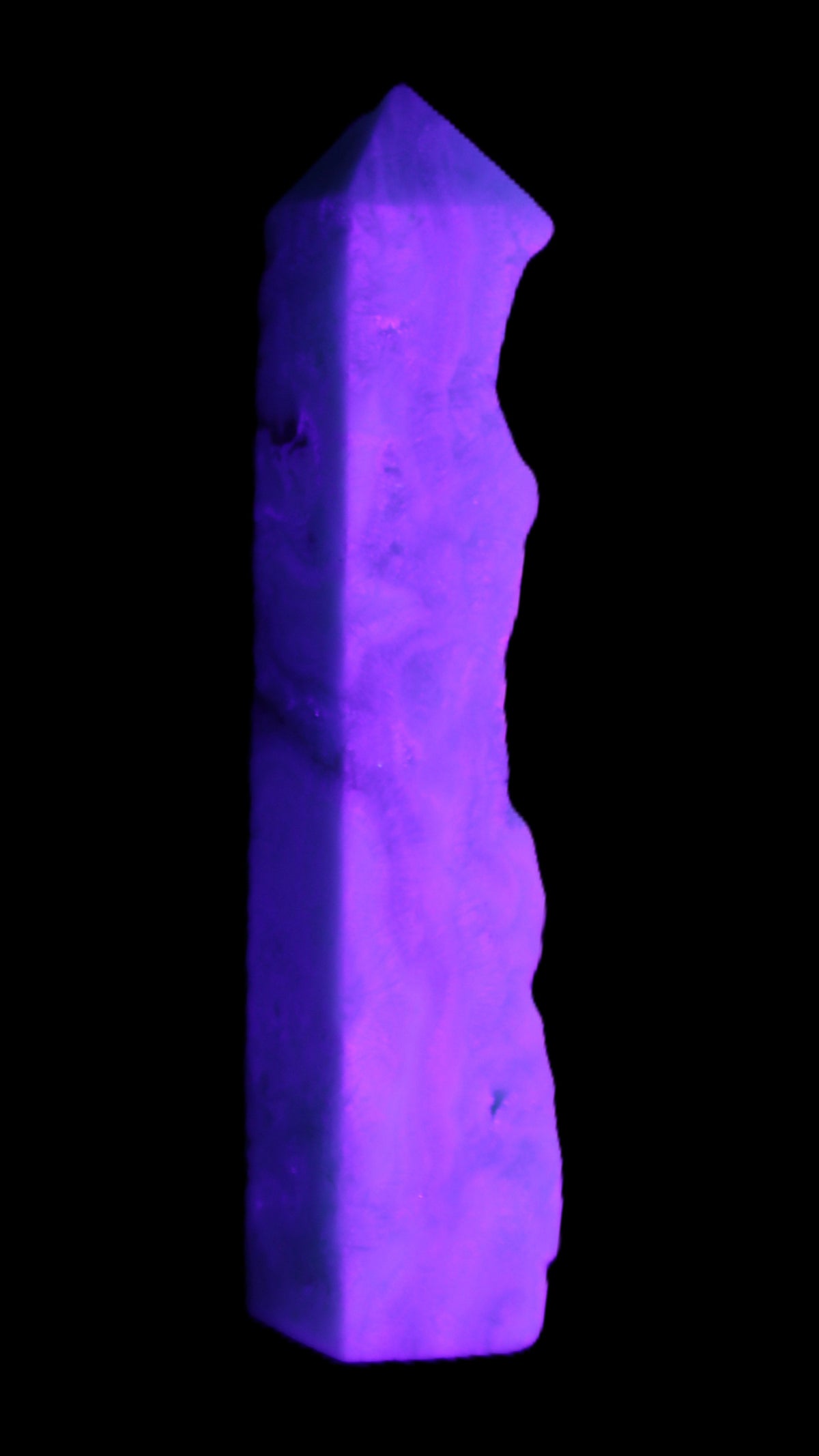 Sky Blue Hemimorphite wand 97*20*17mm 68g in UV light - Rocks and Things Store