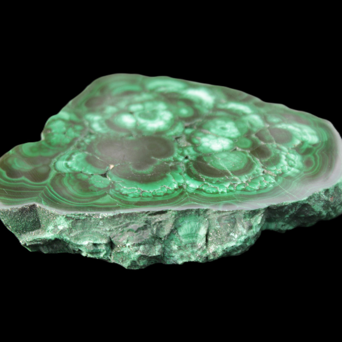 Glossy Malachite polished slice 92*78*12mm 226g in sunlight - Rocks and Things Store