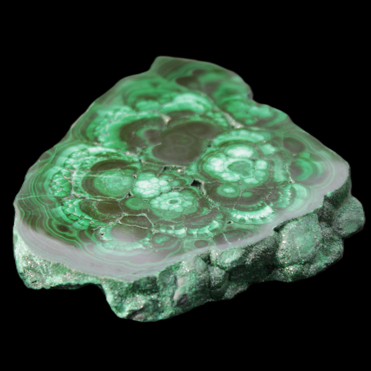 Glossy Malachite polished slice 92*78*12mm 226g in sunlight - Rocks and Things Store