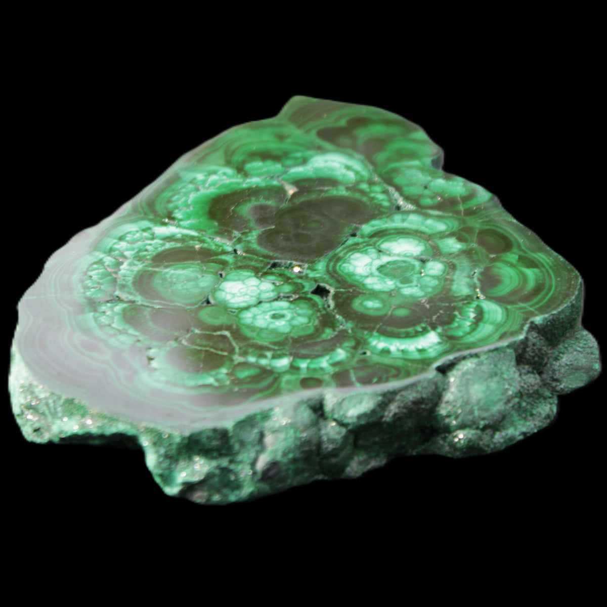 Glossy Malachite polished slice 92*78*12mm 226g in sunlight - Rocks and Things Store