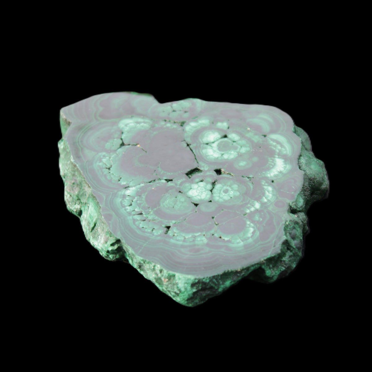 Glossy Malachite polished slice 92*78*12mm 226g in sunlight - Rocks and Things Store