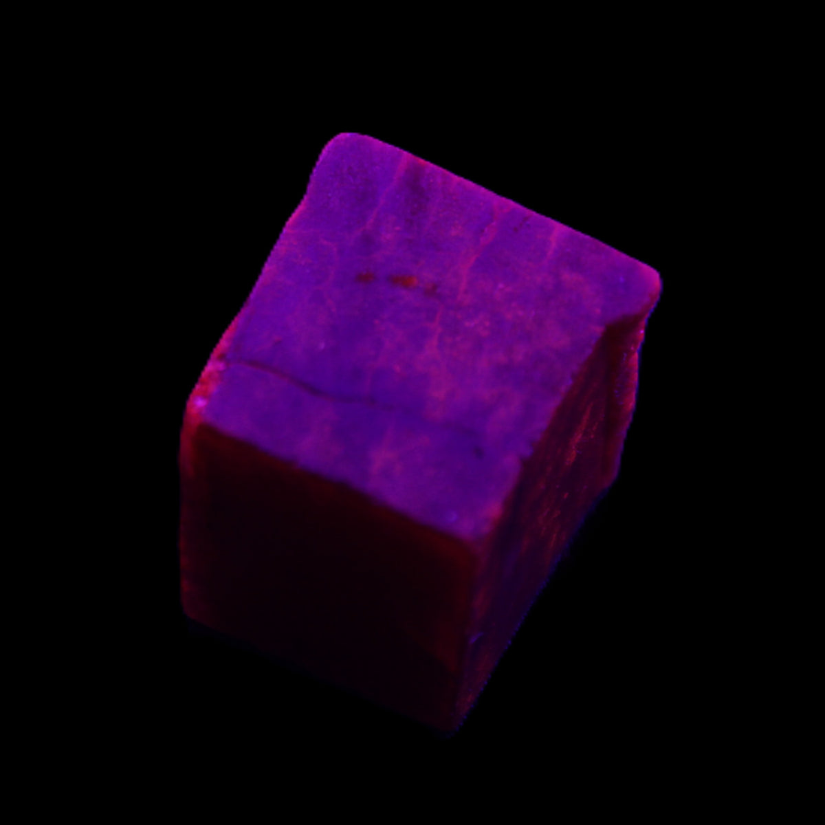 Ruby cube from Myanmar (dyed) 24*23*20mm 125ct 25g in UV light - Rocks and Things Store