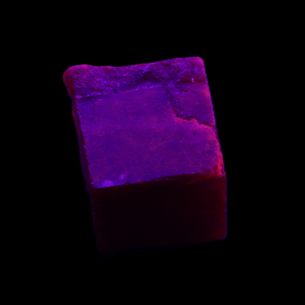 Ruby cube from Myanmar (dyed) 24*23*20mm 125ct 25g in UV light - Rocks and Things Store