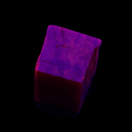 Ruby cube from Myanmar (dyed) 24*23*20mm 125ct 25g in UV light - Rocks and Things Store