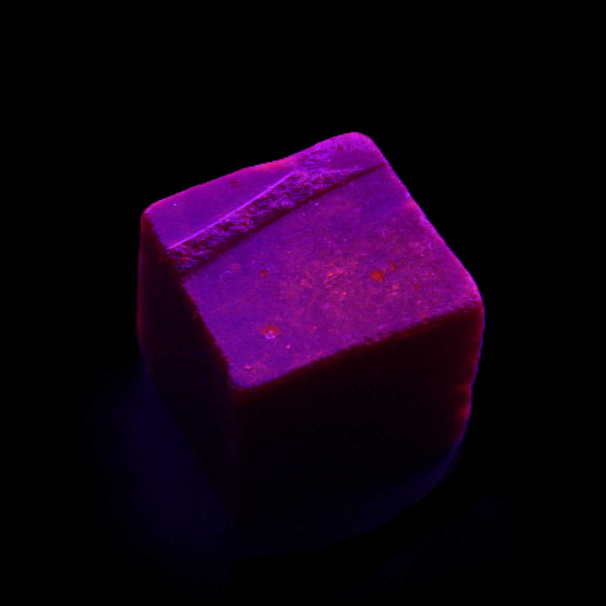Ruby cube from Myanmar (dyed) 24*23mm 148ct 29.6g in UV light - Rocks and Things Store