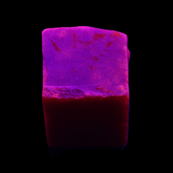 Ruby cube from Myanmar (dyed) 26*25mm 170ct 34g in UV light - Rocks and Things Store