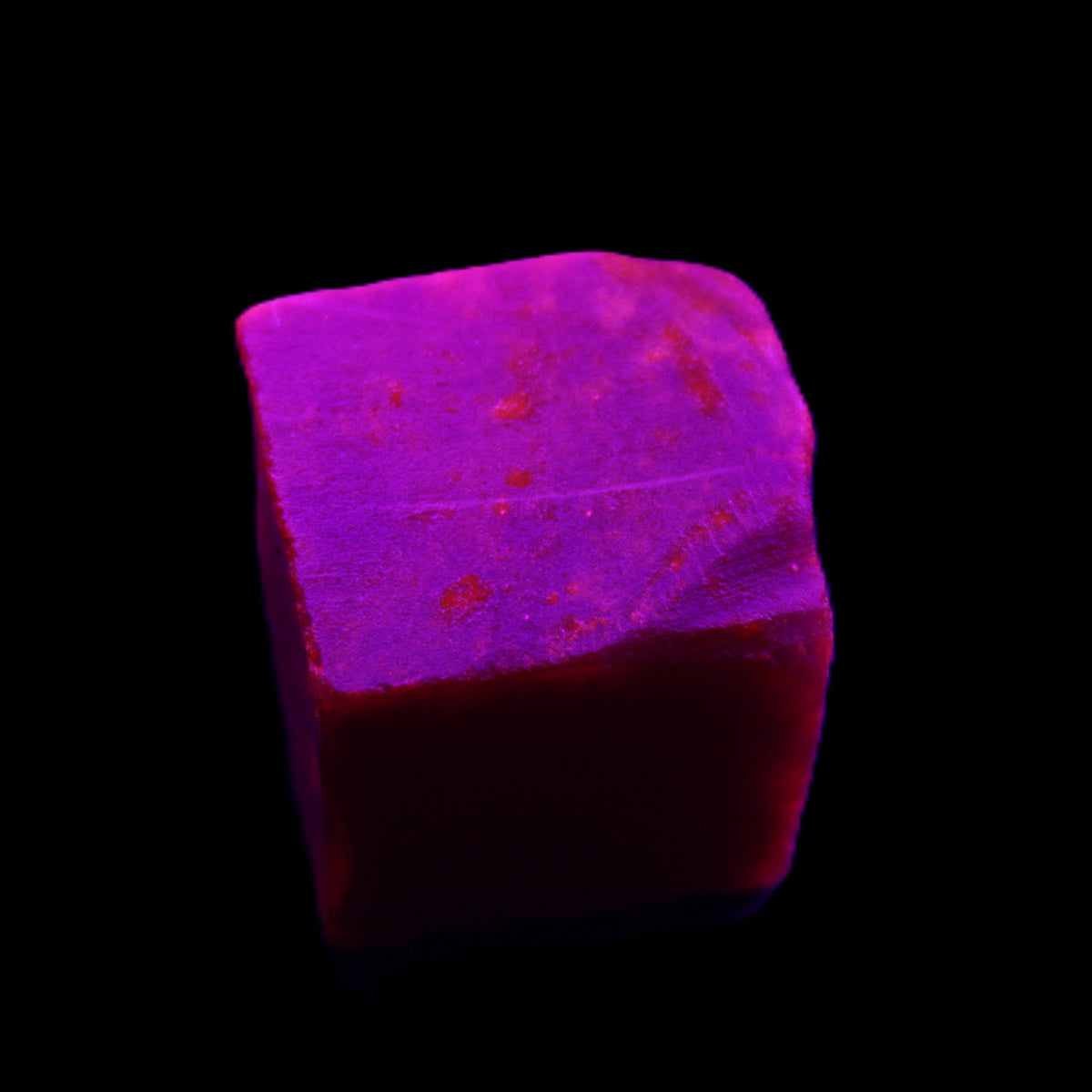Ruby cube from Myanmar (dyed) 26*25mm 170ct 34g in UV light - Rocks and Things Store