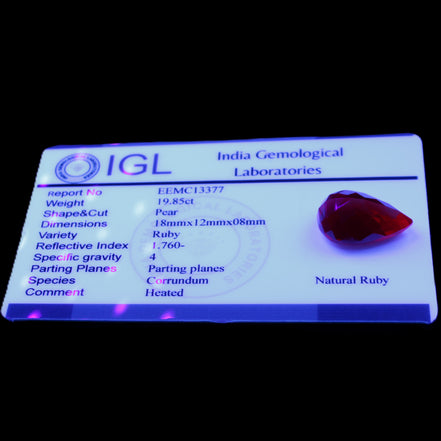 Red Ruby Pear cut from Mozambique 14*7*8mm 19.8ct 4g in UV light - Rocks and Things Store