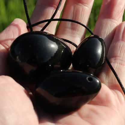 Black Obsidian Yoni Eggs drilled set of three