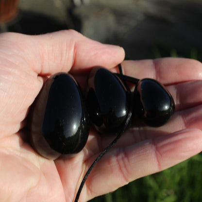 Black Obsidian Yoni Eggs drilled set of three