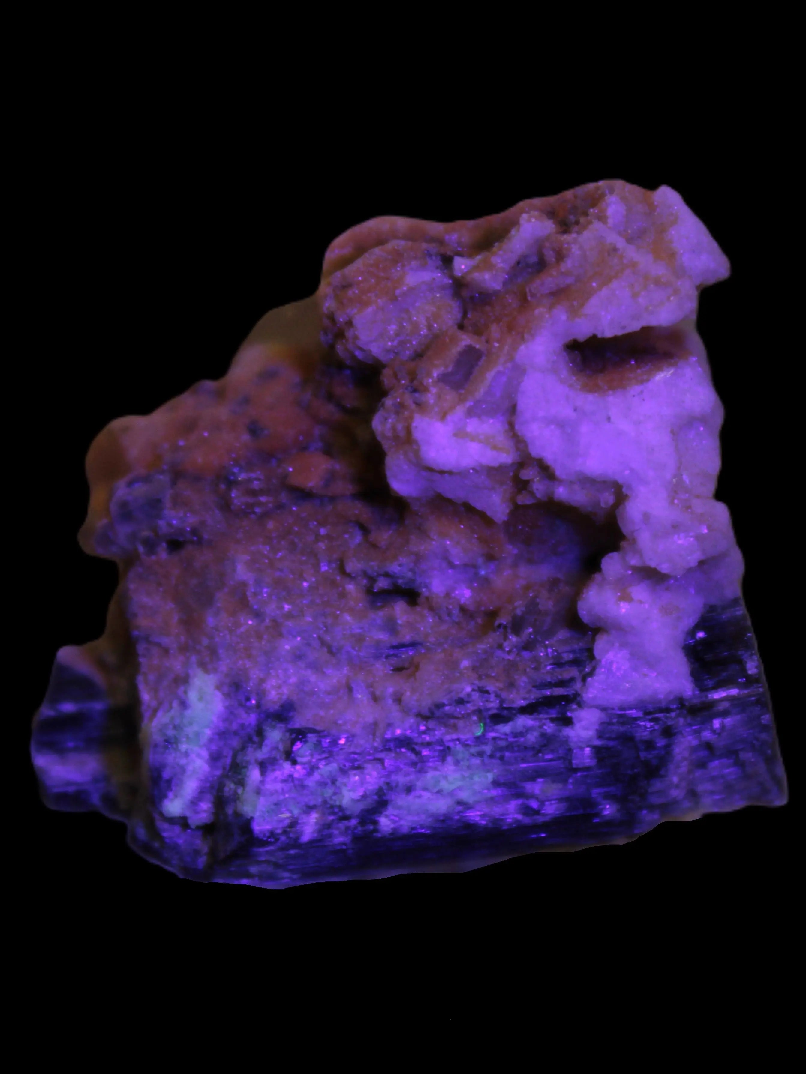 Black Tourmaline with Feldspar Quartz UV reactive matrix 88.2ct 17.7g in UV light -  Rocks and Things Store