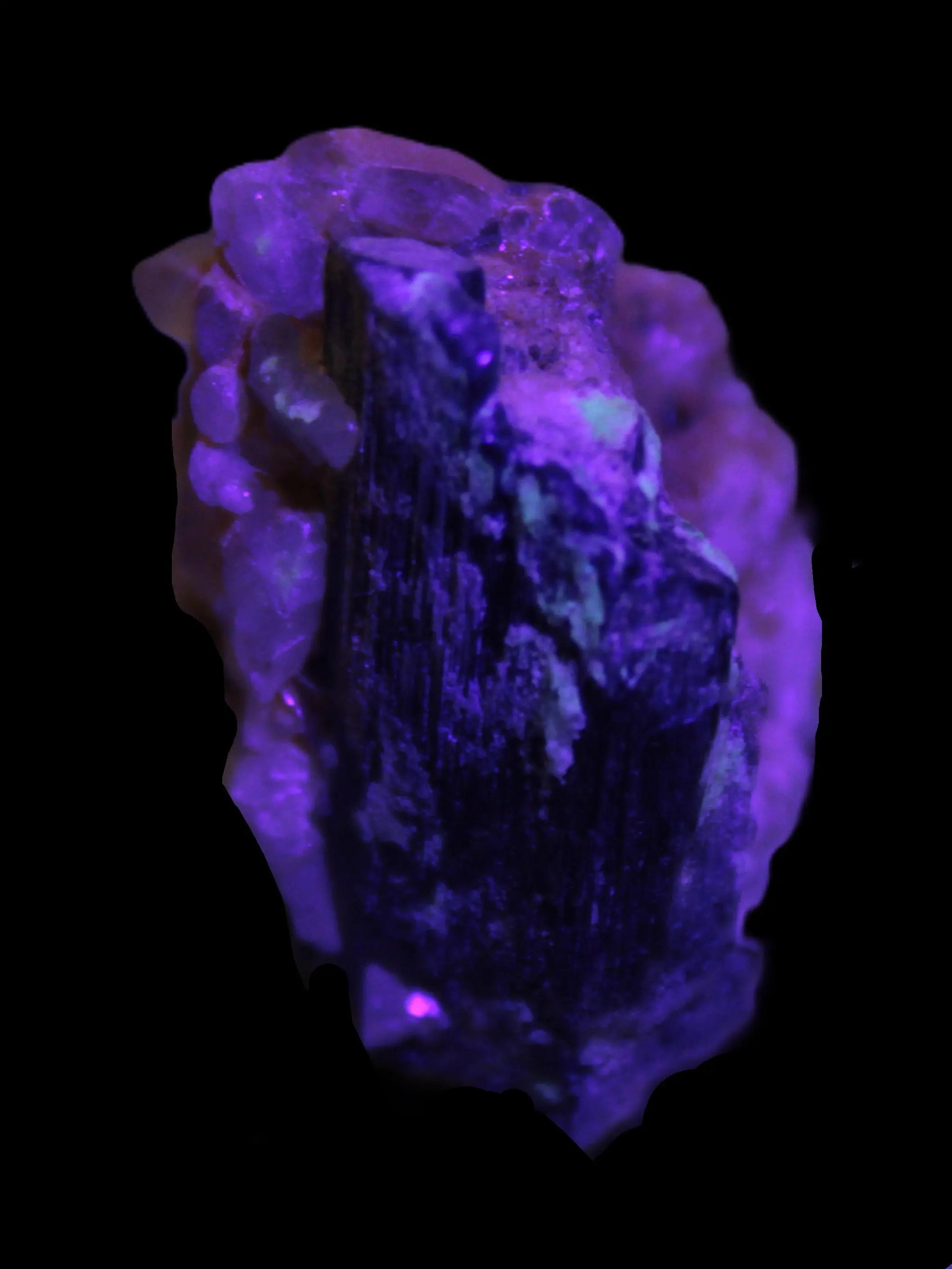 Black Tourmaline with Feldspar Quartz UV reactive matrix 88.2ct 17.7g in UV light - Rocks and Things Store