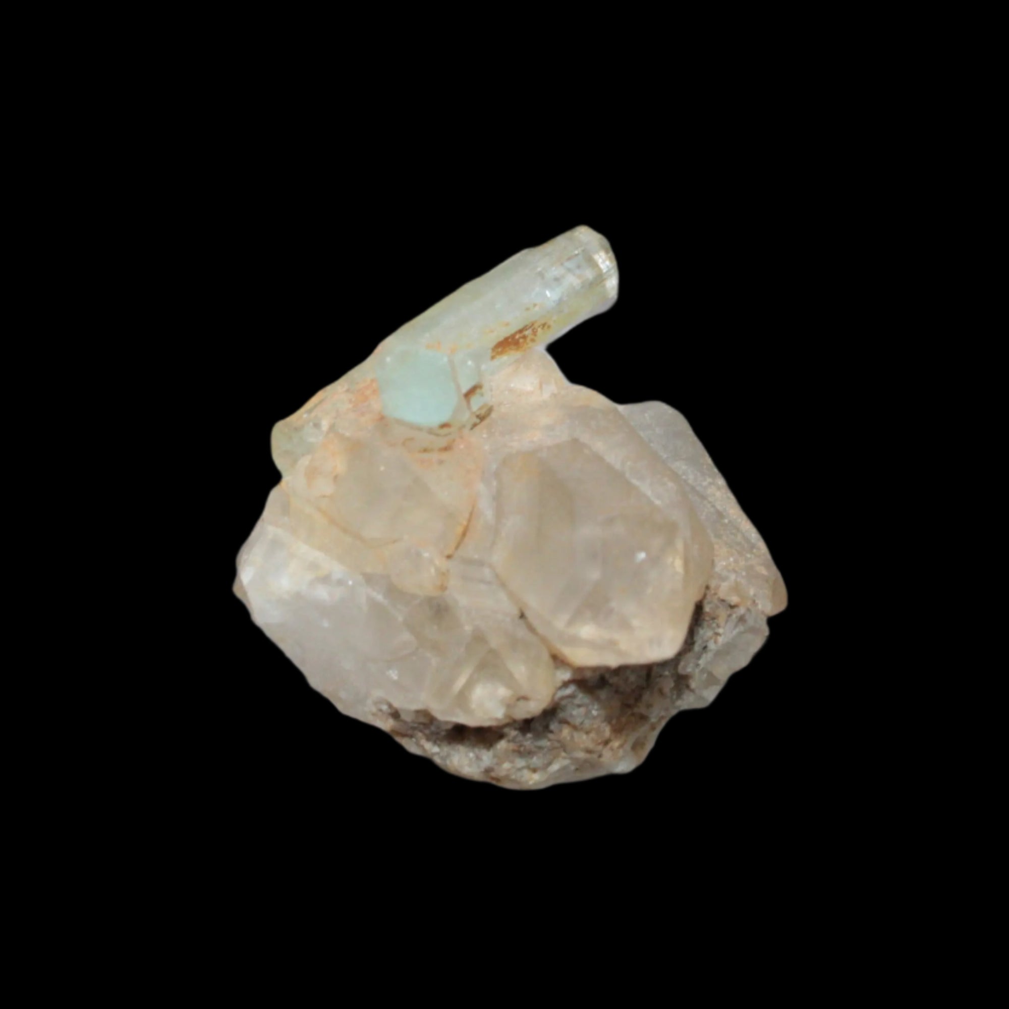 Blue Aquamarine Yellow Heliodor terminated crystal cross on double-terminated 10.3g in sunlight - Rocks and Things Store