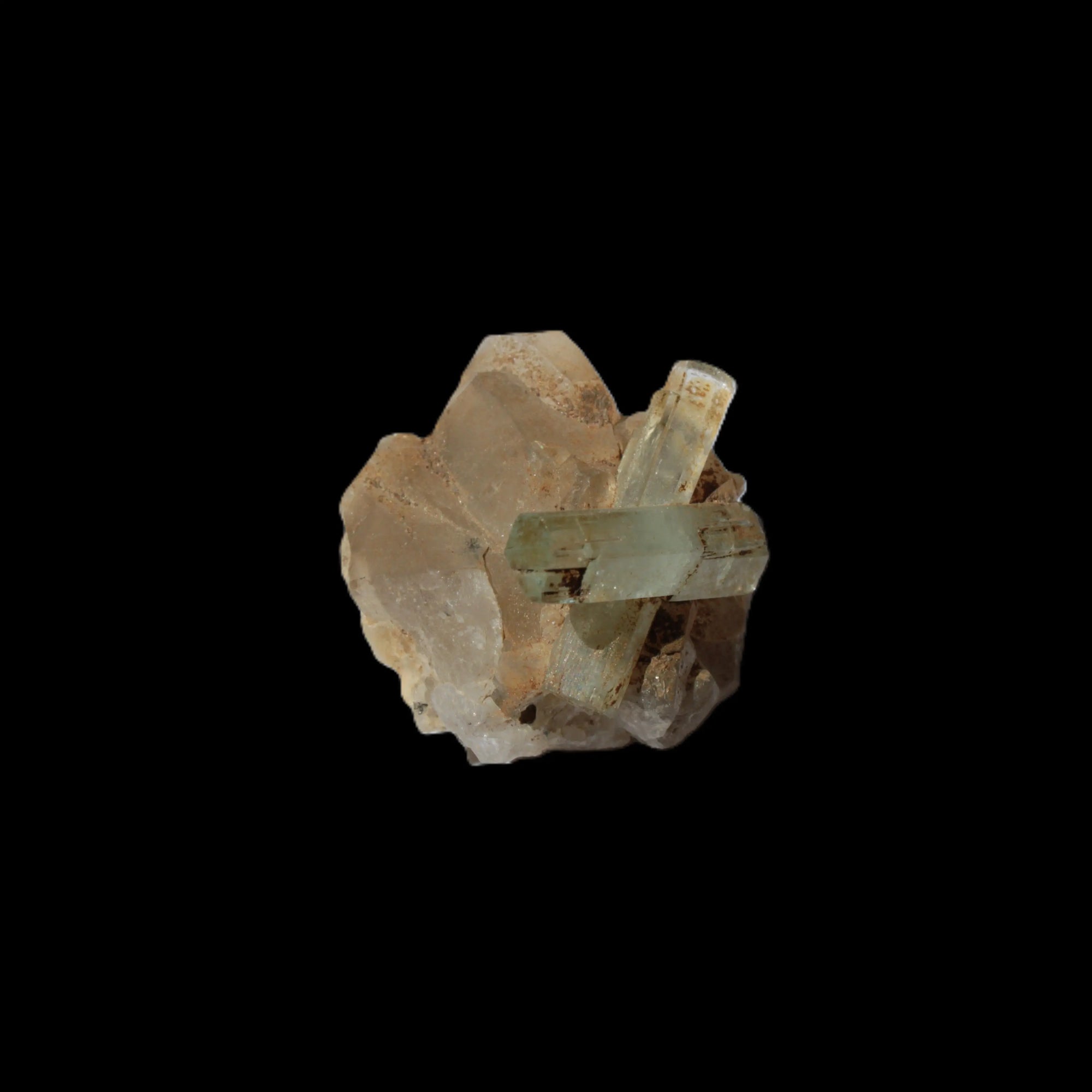 Blue Aquamarine Yellow Heliodor terminated crystal cross on double-terminated 10.3g in sunlight - Rocks and Things Store