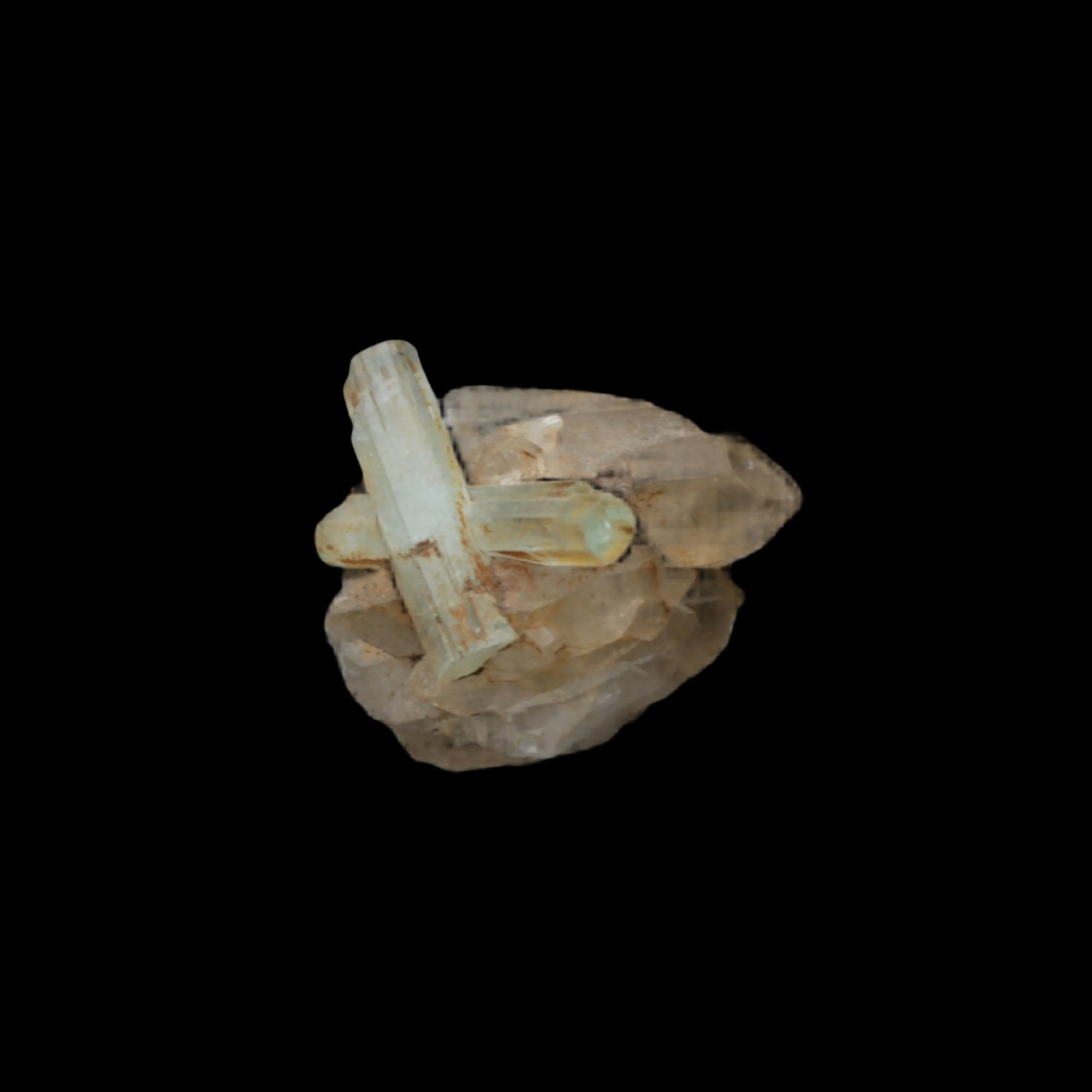 Blue Aquamarine Yellow Heliodor terminated crystal cross on double-terminated 10.3g in sunlight - Rocks and Things Store