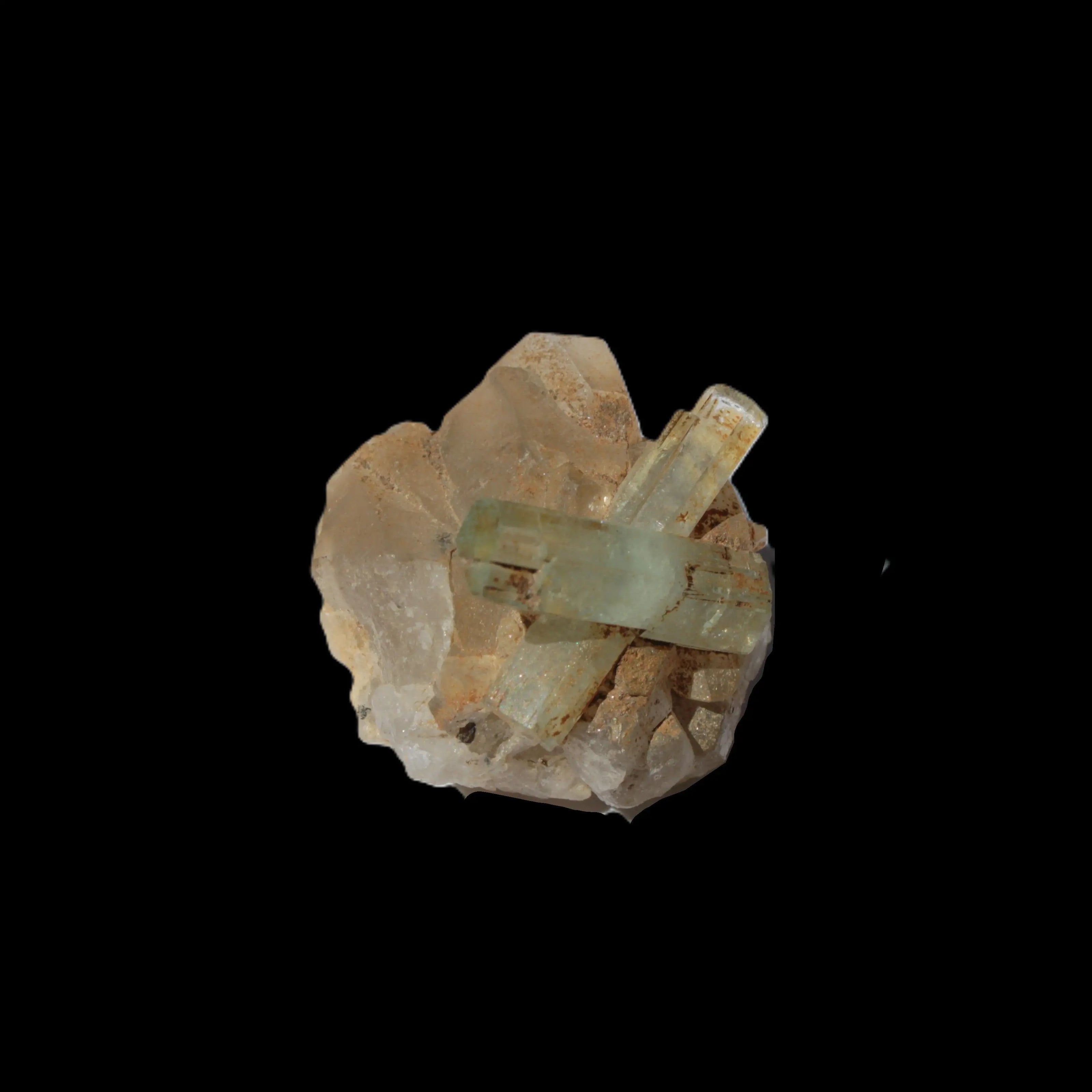 Blue Aquamarine Yellow Heliodor terminated crystal cross on double-terminated 10.3g in sunlight - Rocks and Things Store