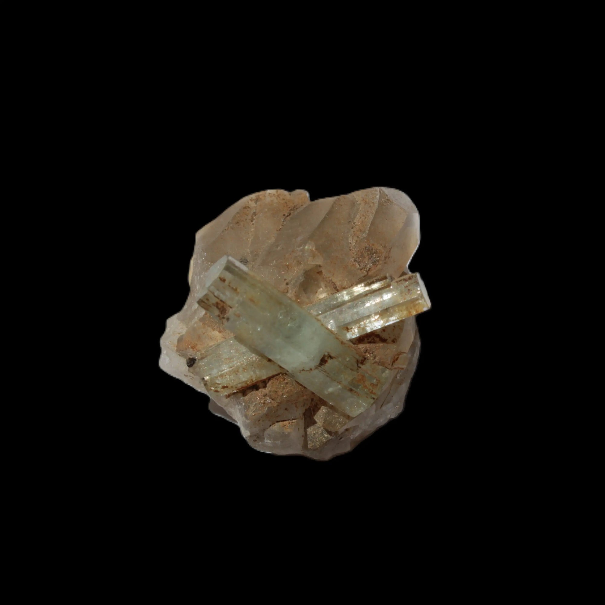 Blue Aquamarine Yellow Heliodor terminated crystal cross on double-terminated 10.3g in sunlight - Rocks and Things Store