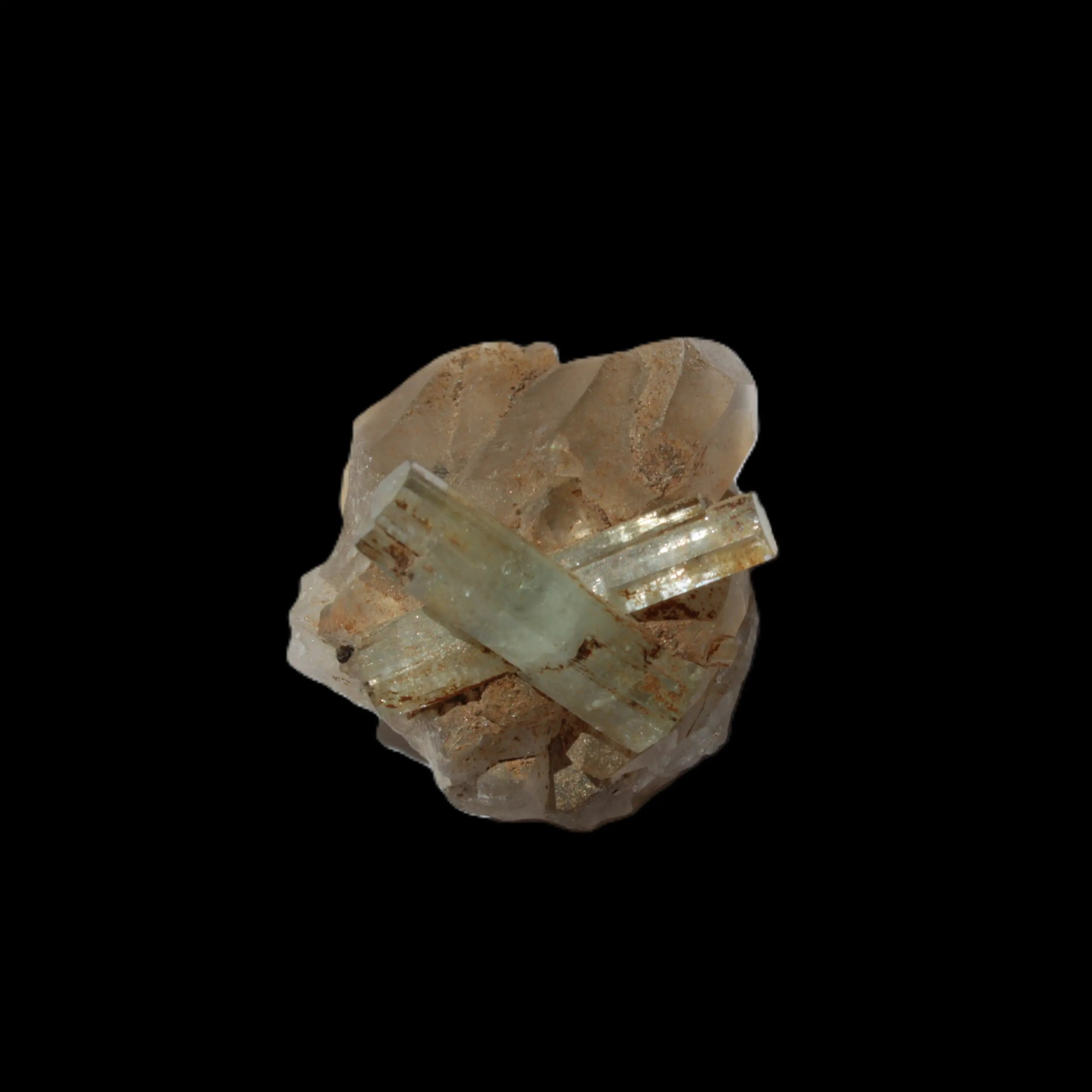 Blue Aquamarine Yellow Heliodor terminated crystal cross on double-terminated 10.3g in sunlight - Rocks and Things Store