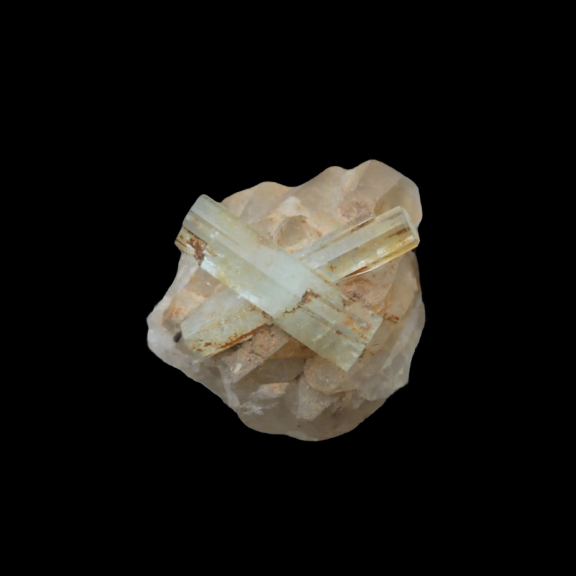 Blue Aquamarine Yellow Heliodor terminated crystal cross on double-terminated 10.3g in sunlight - Rocks and Things Store