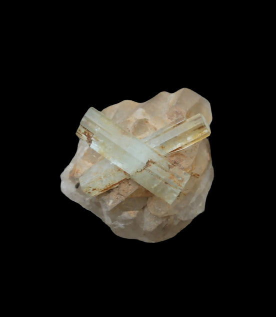 Blue Aquamarine Yellow Heliodor terminated crystal cross on double-terminated 10.3g in sunlight - Rocks and Things Store