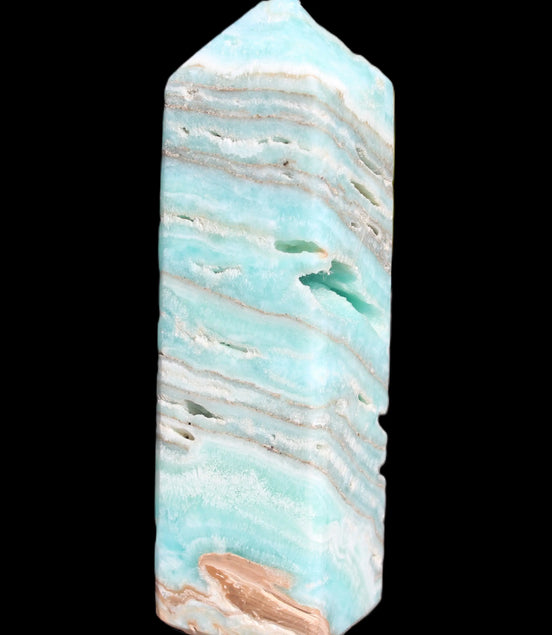 Aqua Blue Caribbean Calcite obelisk 292g in sunight - Rocks and Things Store