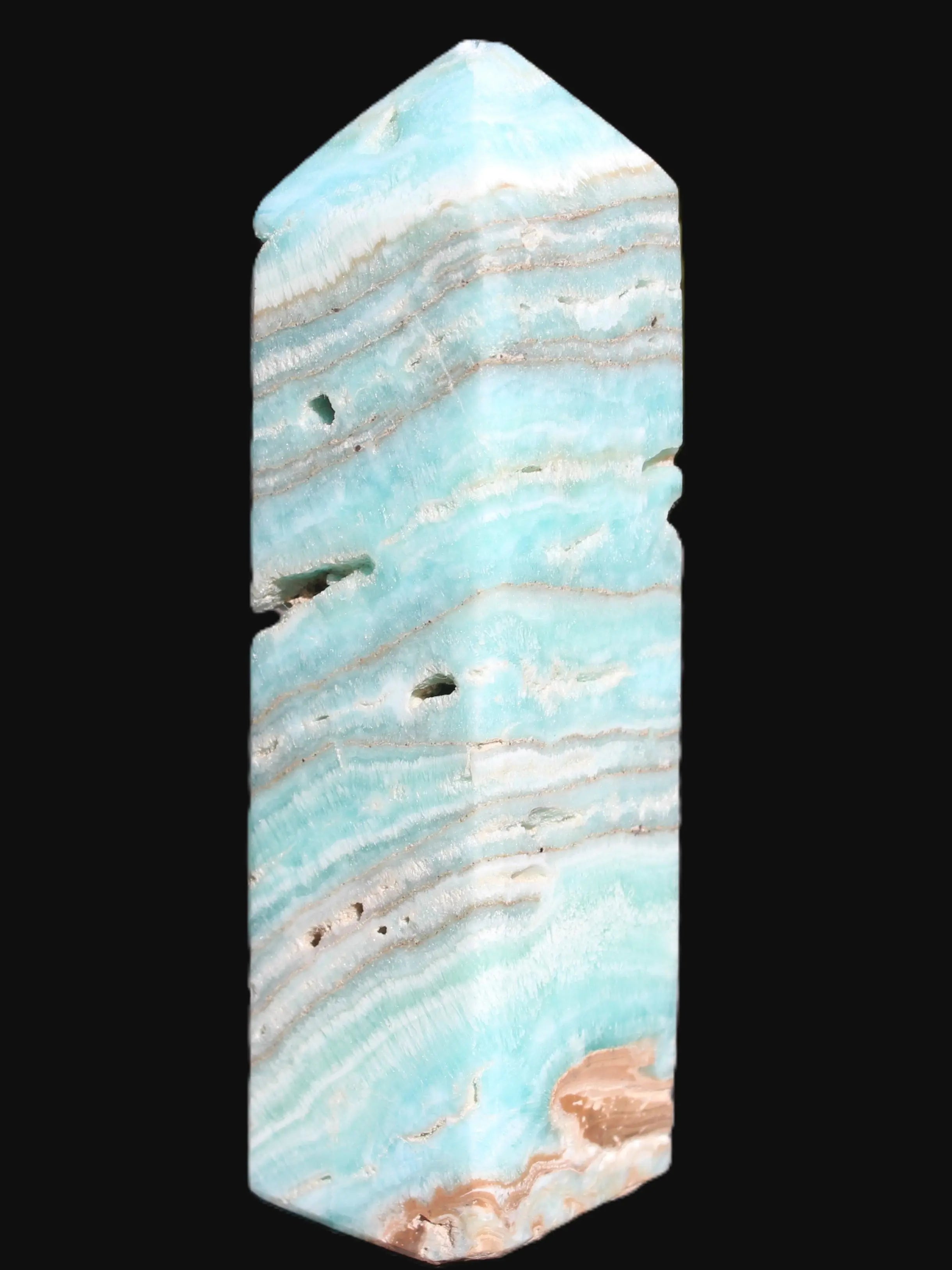 Aqua Blue Caribbean Calcite obelisk 292g in sunight - Rocks and Things Store