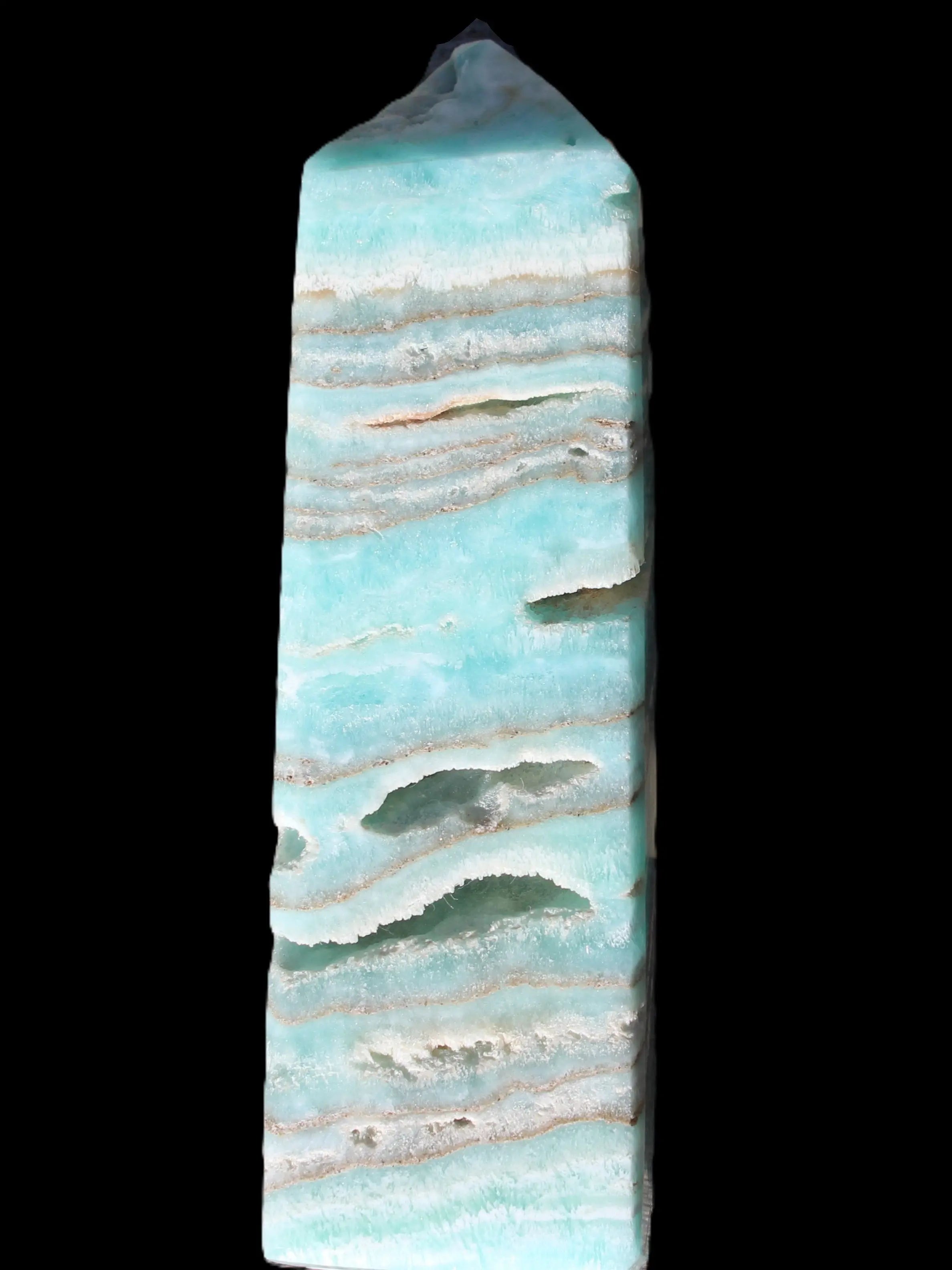Aqua Blue Caribbean Calcite obelisk 292g in sunight - Rocks and Things Store