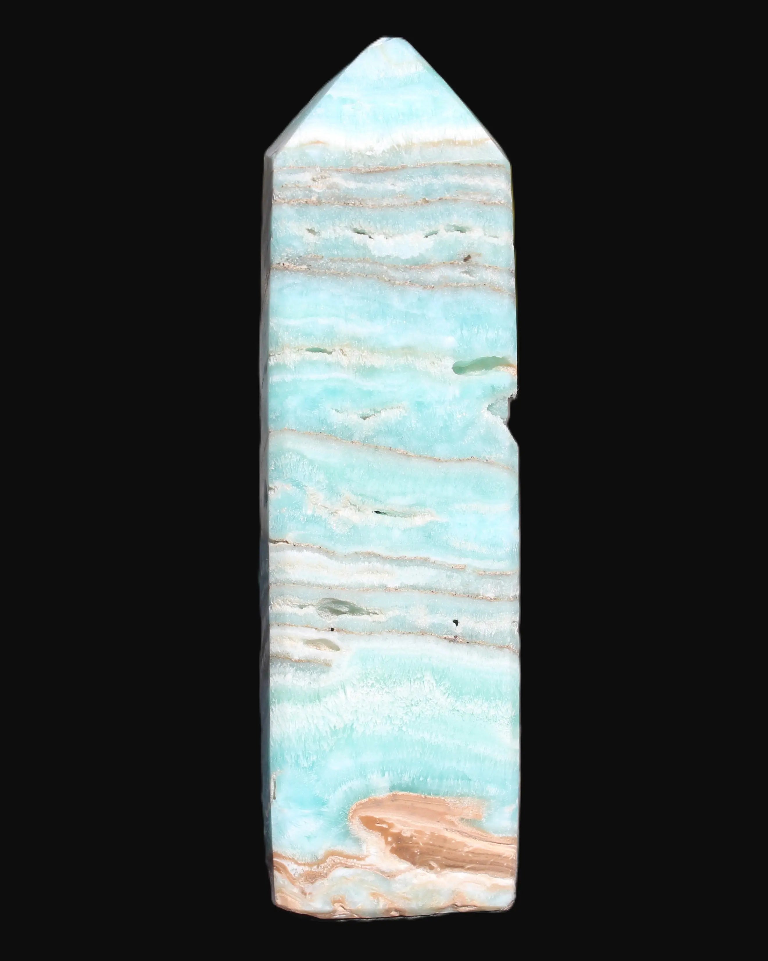 Aqua Blue Caribbean Calcite obelisk 292g in sunight - Rocks and Things Store