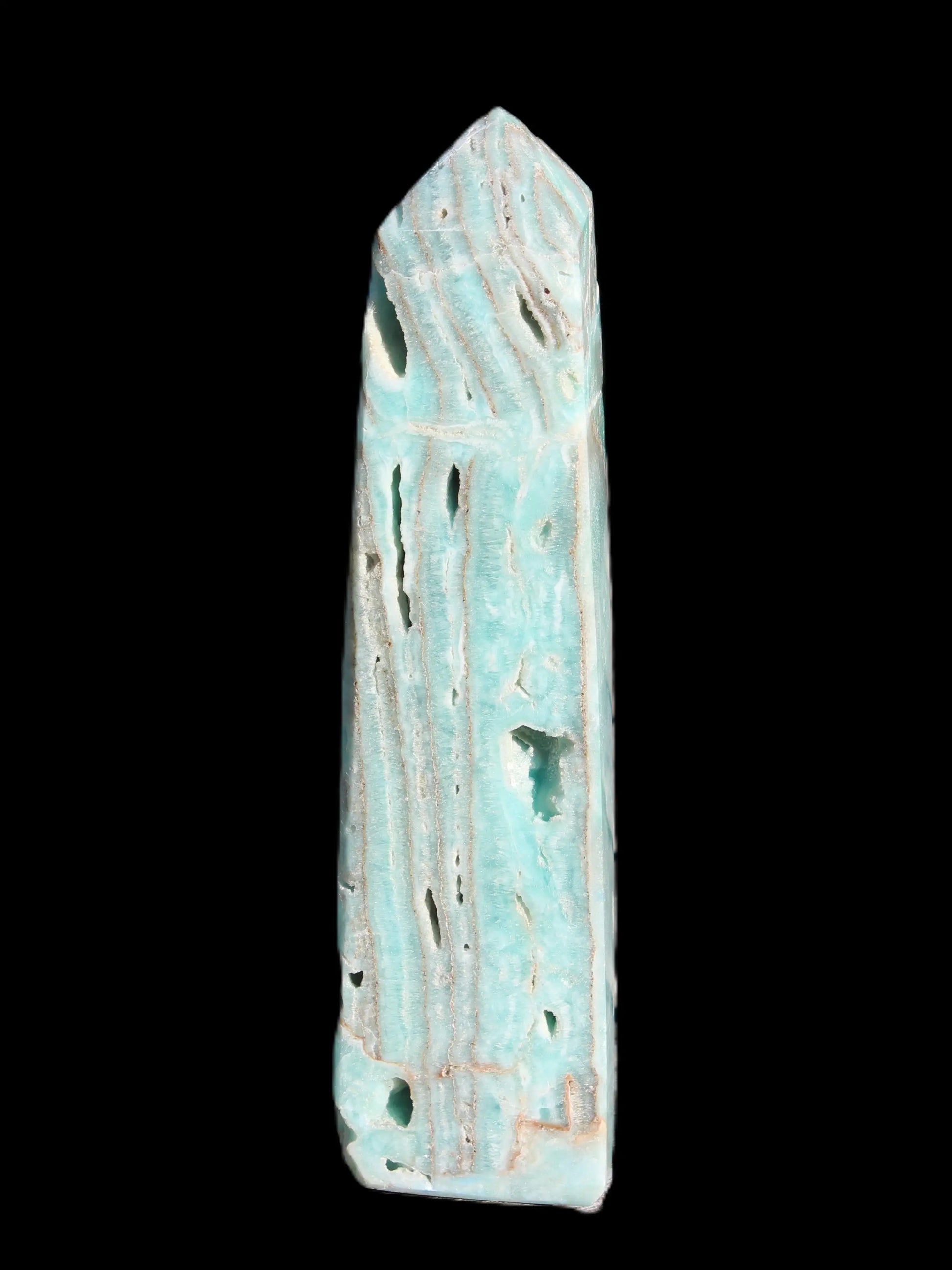 Caribbean Calcite aqua blue obelisk 170mm 539g in sunlight - Rocks and Things Store