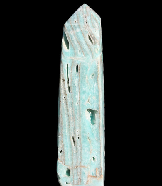 Caribbean Calcite aqua blue obelisk 170mm 539g in sunlight - Rocks and Things Store