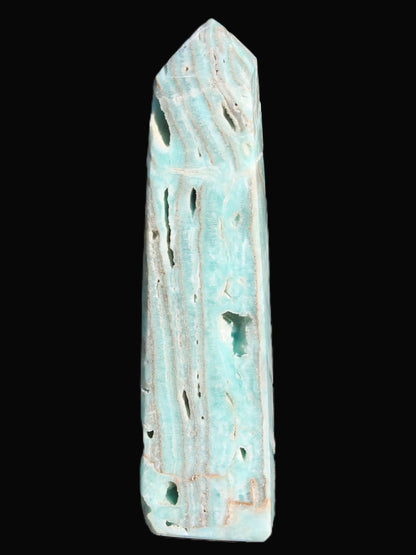 Caribbean Calcite aqua blue obelisk 170mm 539g in sunlight - Rocks and Things Store