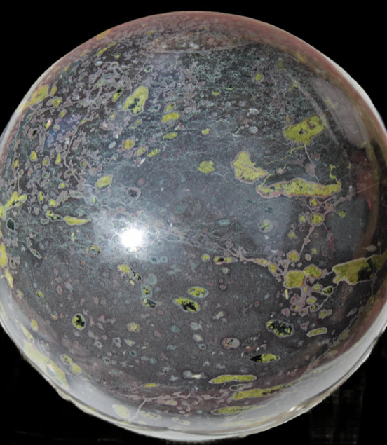 Green Plum Blossom Jade sphere 132mm 3460g in sunlight - Rocks and Things Store