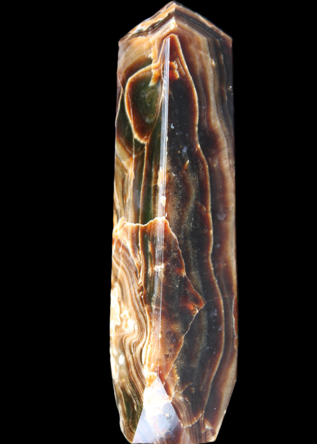 Tall Chocolate Calcite obelisk 154*32mm 439g in UV light - Rocks and Things Store