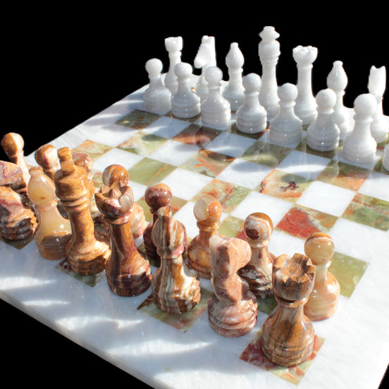 Afghan Jade Onyx Chess Set in case in sunlight - Rocks and Things Store