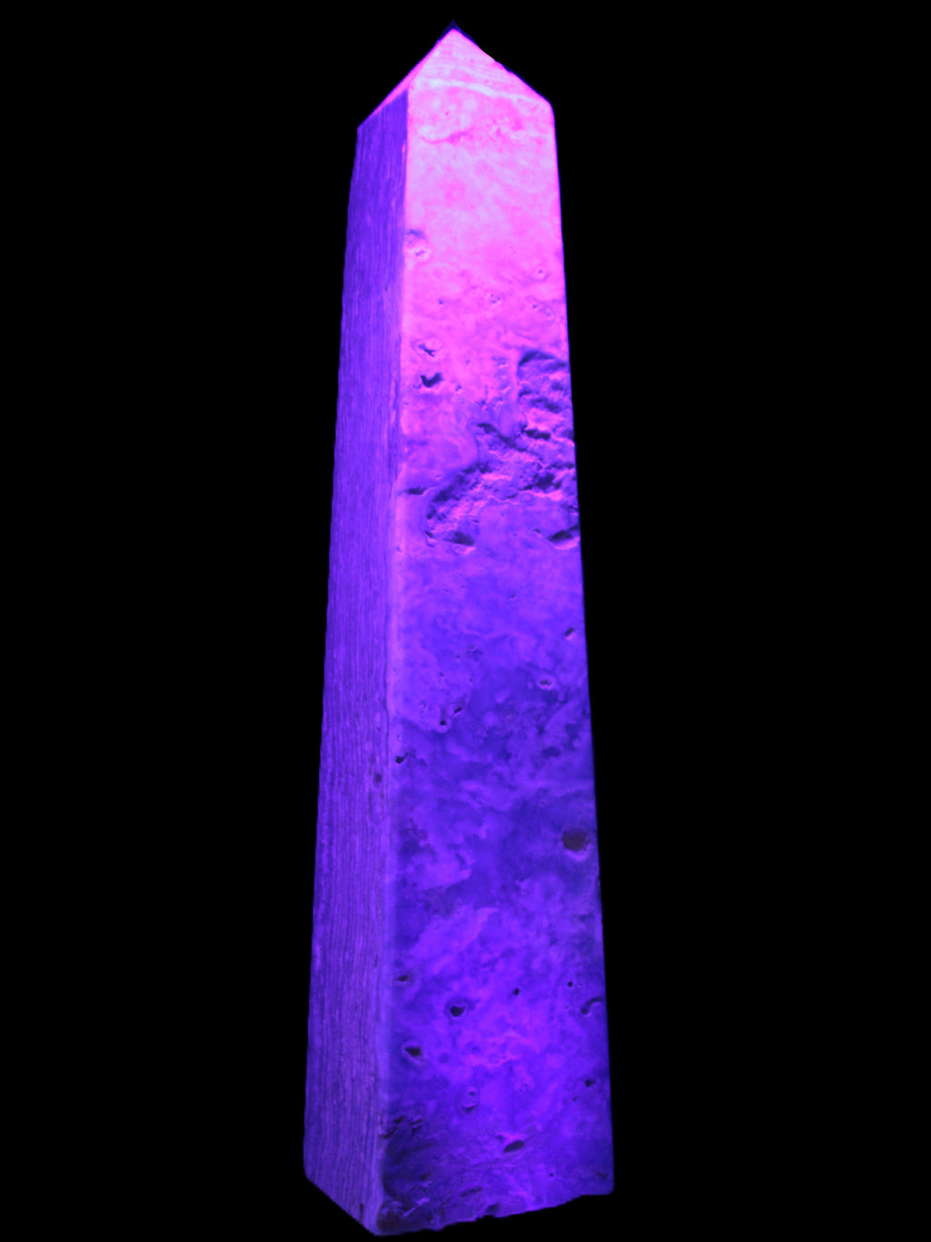 Caribbean Calcite obelisk 348*55*75mm 2574g in UV light - Rocks and Things Store