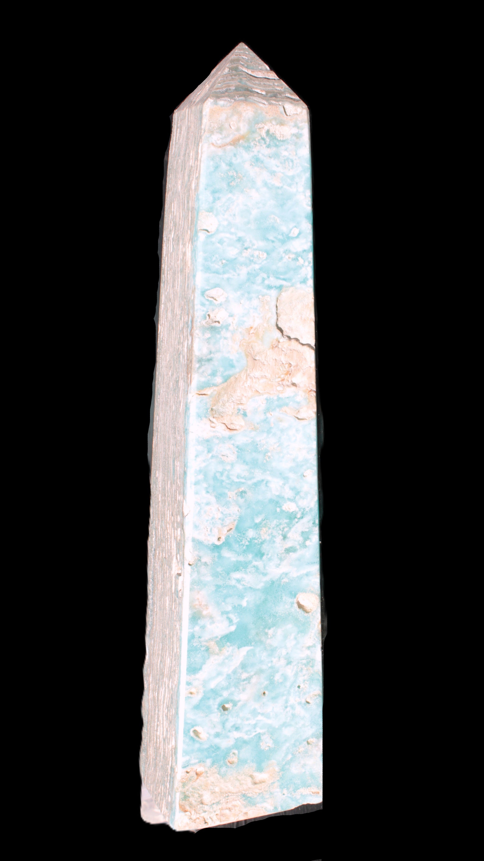 Caribbean Calcite obelisk 348*55*75mm 2574g in bright sunlight - Rocks and Things Store