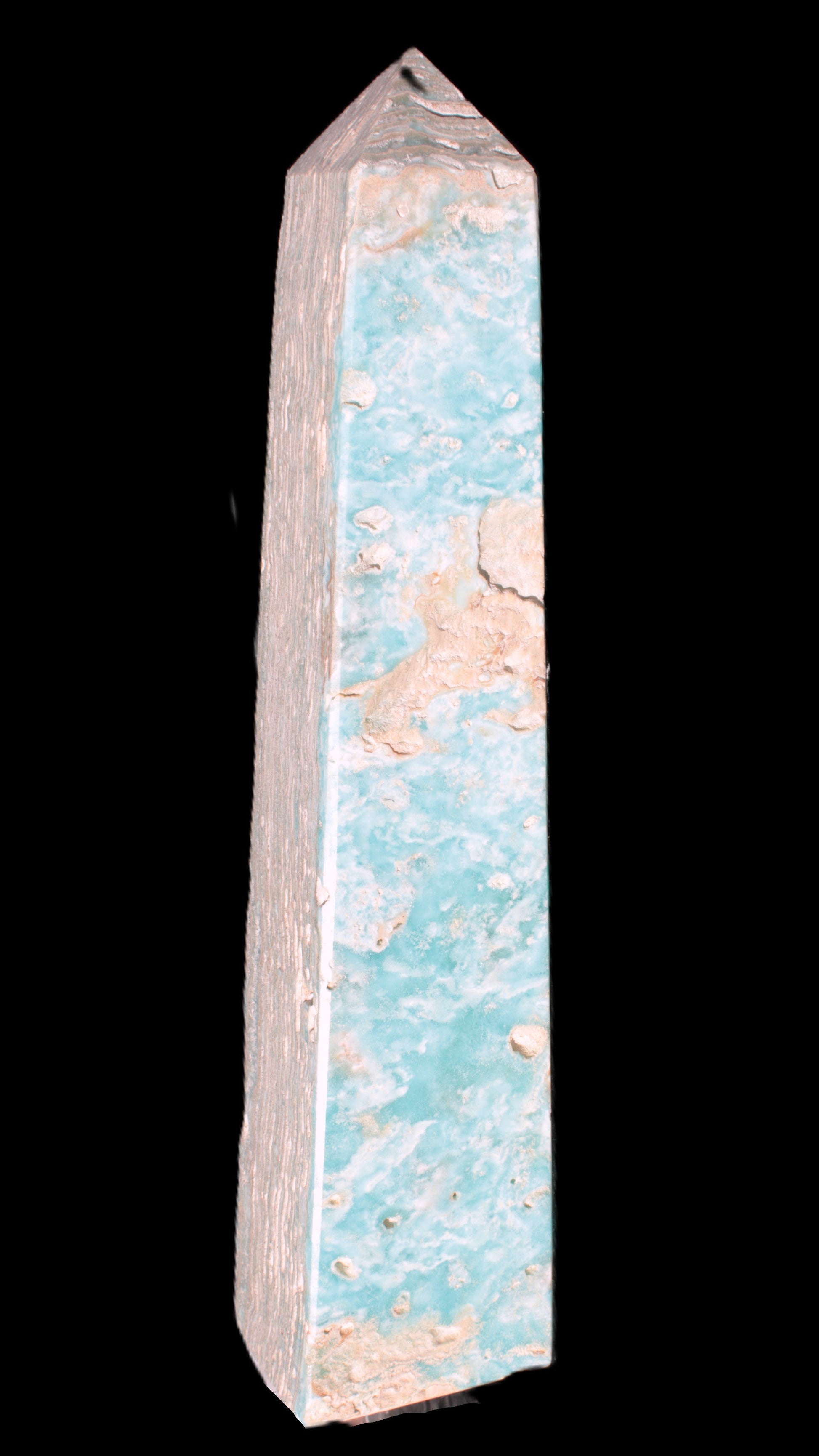 Caribbean Calcite obelisk 348*55*75mm 2574g in bright sunlight - Rocks and Things Store