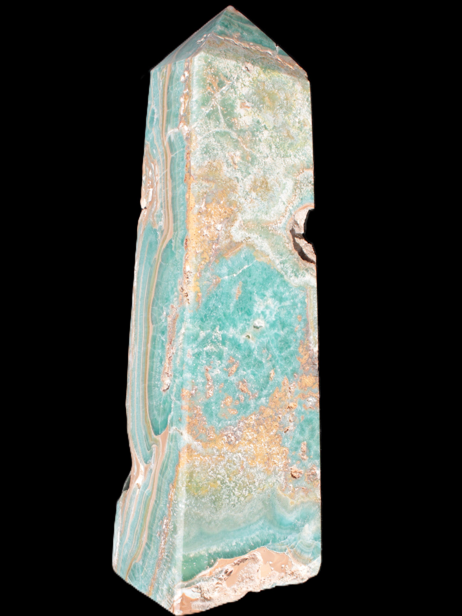 Caribbean Calcite obelisk 228*55*67mm 1554g in bright sunlight - Rocks and Things Store