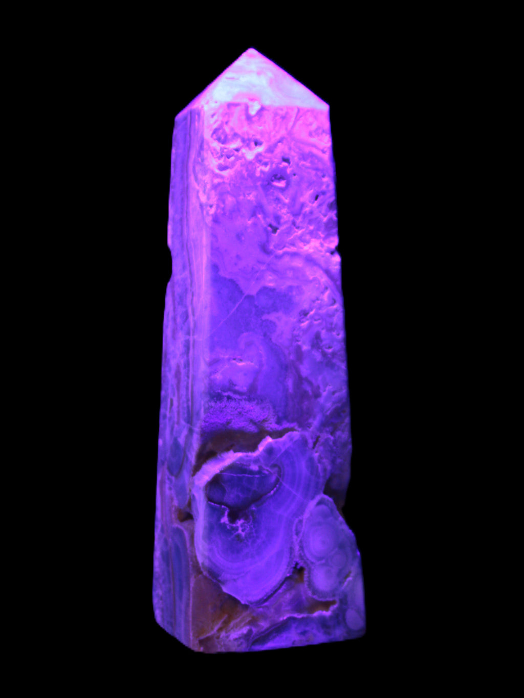Caribbean Calcite obelisk 228*55*67mm 1554g in UV light - Rocks and Things Store