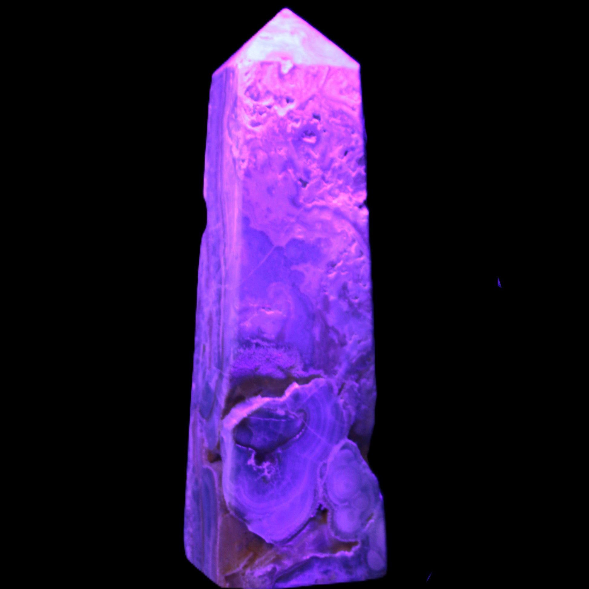 Caribbean Calcite obelisk 228*55*67mm 1554g in UV light - Rocks and Things Store