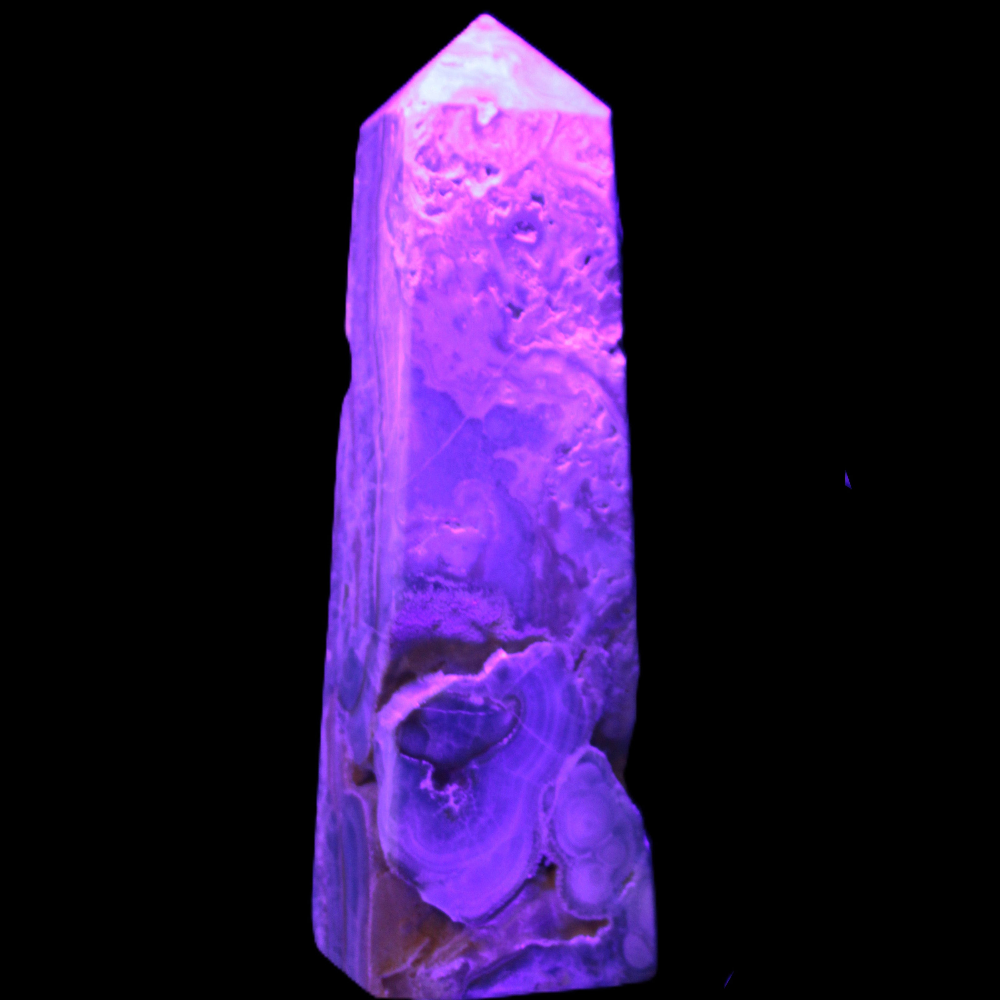Caribbean Calcite obelisk 228*55*67mm 1554g in UV light - Rocks and Things Store
